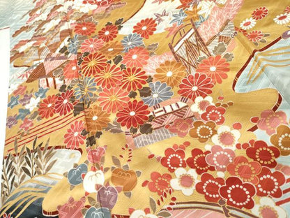 平和屋着物●豪華振袖　駒刺繍　渡り橋風景草花文　暈し染め　金彩　正絹　逸品　AABH7155cs