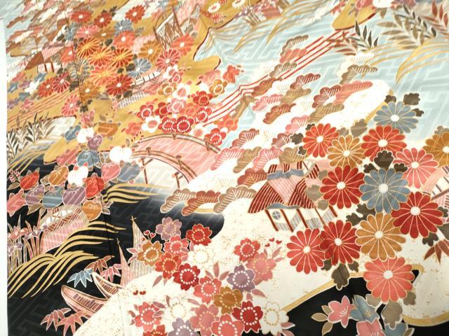 平和屋着物●豪華振袖　駒刺繍　渡り橋風景草花文　暈し染め　金彩　正絹　逸品　AABH7155cs