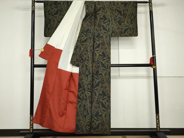 平和屋着物●本場大島紬　笹竹文　黒地　正絹　逸品　AABH7162cs