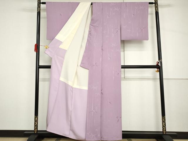 平和屋着物●上質な色無地　笹竹地紋　菖蒲色　正絹　逸品　AABH7166cs