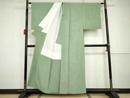 平和屋着物●上質な色無地　立波地紋　山葵色　正絹　逸品　未使用　AABH7170cs