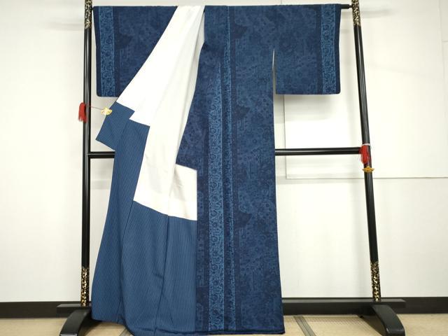 平和屋着物●上質な小紋　藍　更紗花唐草文　正絹　逸品　AABH7172cs