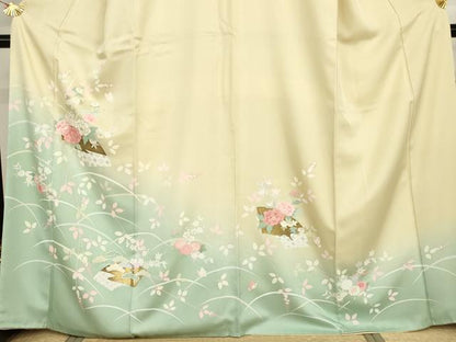 平和屋着物●訪問着　地紙花蝶芝文　暈し染め　金彩　正絹　逸品　AABH7180cs