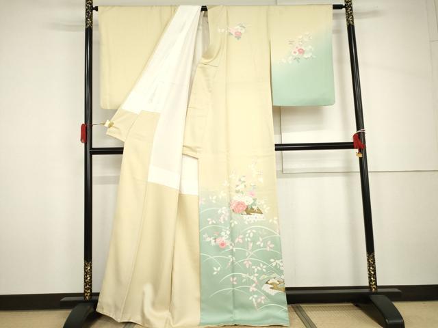 平和屋着物●訪問着　地紙花蝶芝文　暈し染め　金彩　正絹　逸品　AABH7180cs