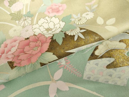 平和屋着物●訪問着　地紙花蝶芝文　暈し染め　金彩　正絹　逸品　AABH7180cs
