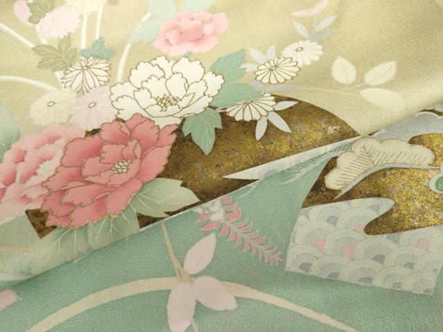 平和屋着物●訪問着　地紙花蝶芝文　暈し染め　金彩　正絹　逸品　AABH7180cs