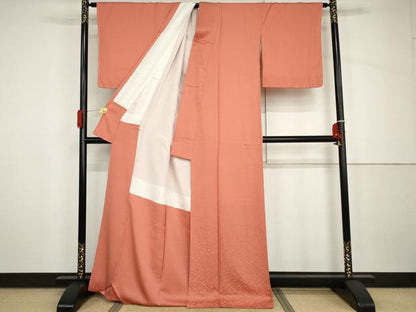 平和屋着物●上質な色無地　あられ地紋　鉛丹色　正絹　逸品　未使用　AABH7185cs