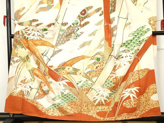 平和屋着物●豪華振袖　駒刺繍　笹竹吉祥文　金彩　金通し地　正絹　逸品　AABH7191cs