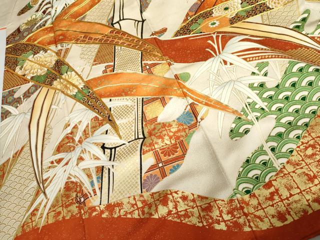 平和屋着物●豪華振袖　駒刺繍　笹竹吉祥文　金彩　金通し地　正絹　逸品　AABH7191cs 平和屋着物○豪華振袖 駒刺繍 笹竹吉祥文 金彩 金通し地 正絹 逸品