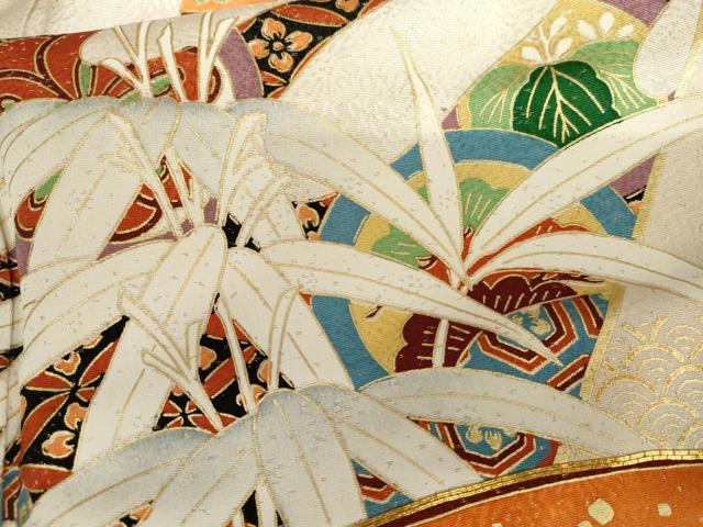 平和屋着物●豪華振袖　駒刺繍　笹竹吉祥文　金彩　金通し地　正絹　逸品　AABH7191cs 平和屋着物○豪華振袖 駒刺繍 笹竹吉祥文 金彩 金通し地 正絹 逸品