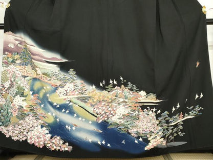 平和屋着物●豪華黒留袖　友禅　作家物　飛鳥梅風景花文　暈し染め　やまと誂製　正絹　逸品　AABH7193cs