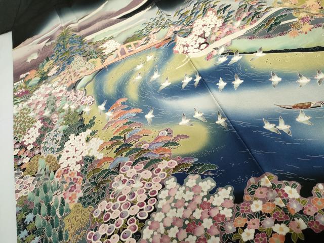 平和屋着物●豪華黒留袖　友禅　作家物　飛鳥梅風景花文　暈し染め　やまと誂製　正絹　逸品　AABH7193cs