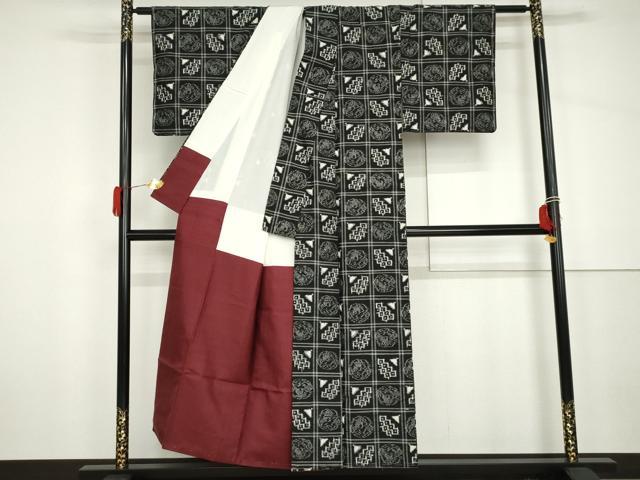 平和屋着物●上質な紬　格子　黒地　正絹　逸品　AABH7198cs