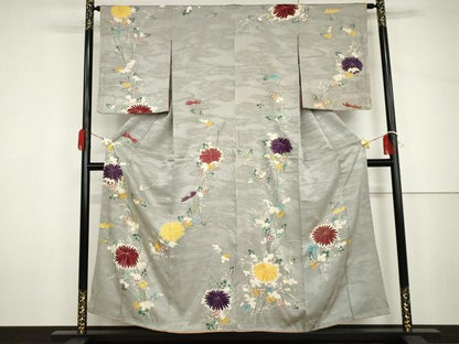平和屋着物●アンティーク　大正ロマン　訪問着　友禅　駒刺繍　枝菊　金彩　正絹　逸品　AABH7200cs