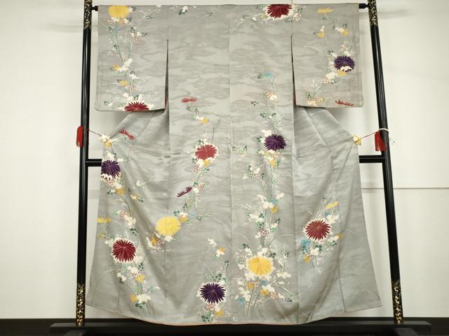 平和屋着物●アンティーク　大正ロマン　訪問着　友禅　駒刺繍　枝菊　金彩　正絹　逸品　AABH7200cs
