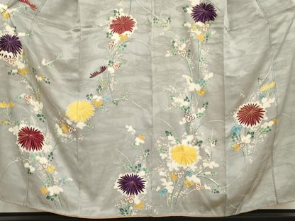 平和屋着物●アンティーク　大正ロマン　訪問着　友禅　駒刺繍　枝菊　金彩　正絹　逸品　AABH7200cs