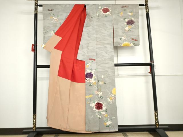 平和屋着物●アンティーク　大正ロマン　訪問着　友禅　駒刺繍　枝菊　金彩　正絹　逸品　AABH7200cs