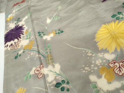 平和屋着物●アンティーク　大正ロマン　訪問着　友禅　駒刺繍　枝菊　金彩　正絹　逸品　AABH7200cs
