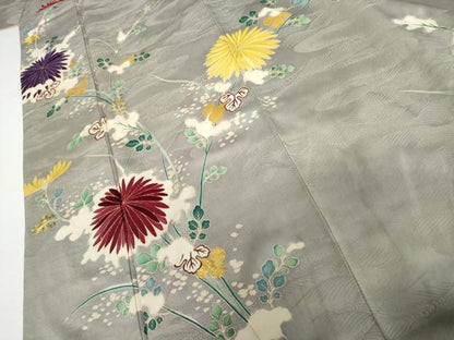 平和屋着物●アンティーク　大正ロマン　訪問着　友禅　駒刺繍　枝菊　金彩　正絹　逸品　AABH7200cs
