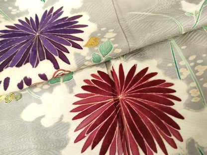 平和屋着物●アンティーク　大正ロマン　訪問着　友禅　駒刺繍　枝菊　金彩　正絹　逸品　AABH7200cs