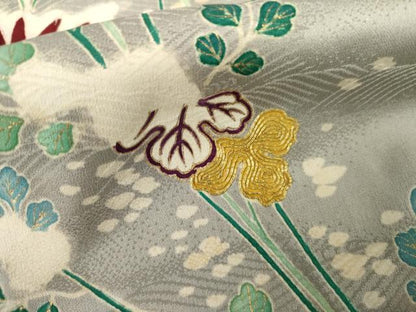 平和屋着物●アンティーク　大正ロマン　訪問着　友禅　駒刺繍　枝菊　金彩　正絹　逸品　AABH7200cs