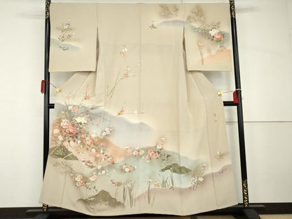 平和屋着物●伝統工芸士　吉岡肇　訪問着　鴛鴦枝花文　暈し染め　金彩　正絹　逸品　AABH7208cs