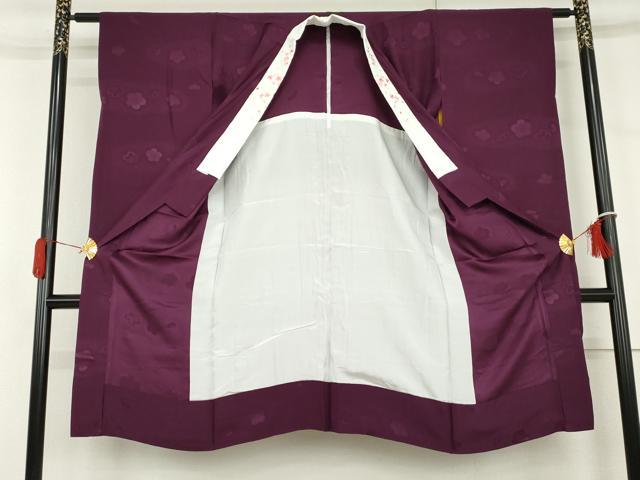 平和屋着物●振袖用長襦袢　無双仕立て　舞梅地紋　茄子紺色　半衿刺繍　正絹　逸品　AABH7209cs 平和屋着物○振袖用長襦袢 無双仕立て 舞梅地紋 茄子紺色 半衿