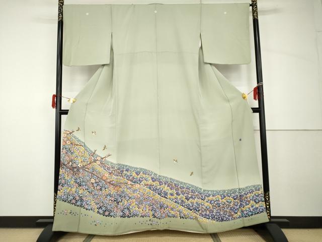 平和屋着物●本加賀友禅作家　小林賢一郎　色留袖　飛鳥草花文　暈し染め　正絹　逸品　AABH7219cs