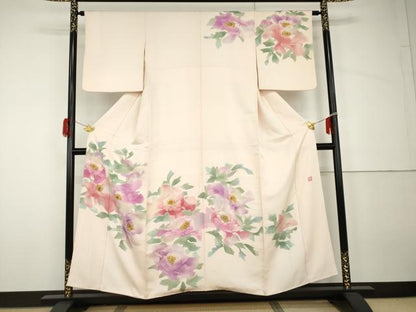 平和屋着物●訪問着　作家物　手描き　ろうけつ染　草花文　正絹　逸品　AABH7220cs