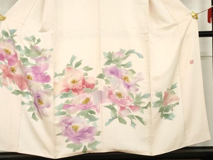 平和屋着物●訪問着　作家物　手描き　ろうけつ染　草花文　正絹　逸品　AABH7220cs