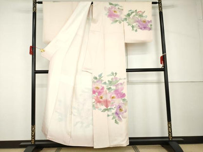平和屋着物●訪問着　作家物　手描き　ろうけつ染　草花文　正絹　逸品　AABH7220cs