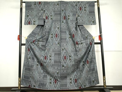 平和屋着物●本場大島紬　割り込み絣　花菱文　正絹　逸品　AABH7223cs