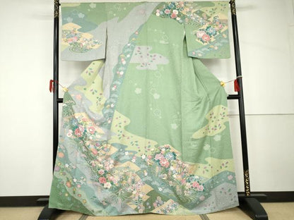 平和屋着物●訪問着　鴛鴦吉祥草花文　金彩　正絹　逸品　AABH7229cs