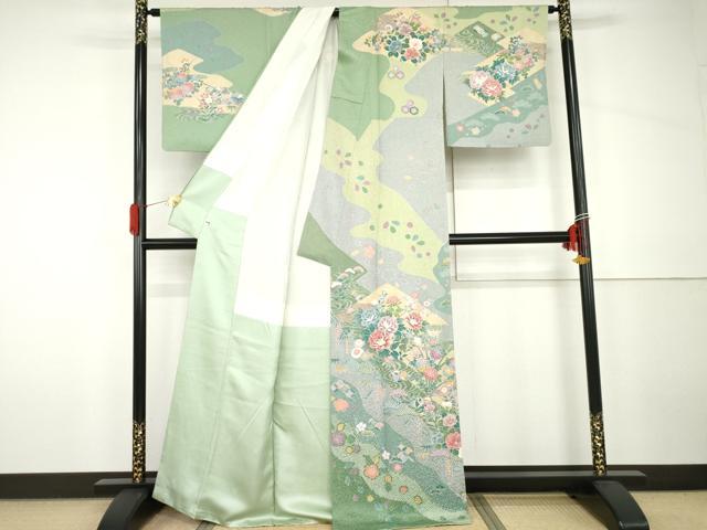 平和屋着物●訪問着　鴛鴦吉祥草花文　金彩　正絹　逸品　AABH7229cs