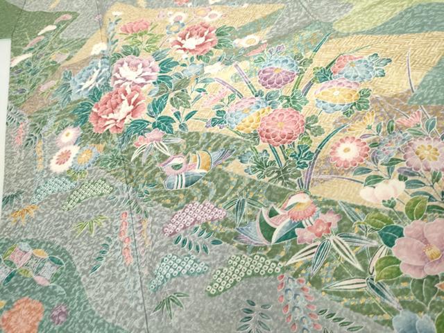 平和屋着物●訪問着　鴛鴦吉祥草花文　金彩　正絹　逸品　AABH7229cs
