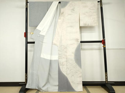 平和屋着物●創業明治元年、京の老舗【小糸染芸】　小糸敏夫　訪問着　ぜんまい紬　シロサギ　暈し染め　正絹　逸品　AABH7232cs