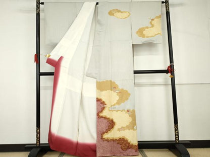 平和屋着物●訪問着　絞り　刺繍　雲取り芝花文　金彩　正絹　逸品　AABH7236cs