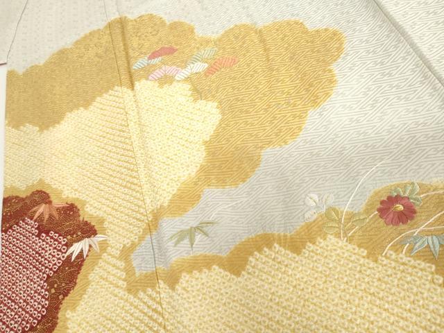 平和屋着物●訪問着　絞り　刺繍　雲取り芝花文　金彩　正絹　逸品　AABH7236cs