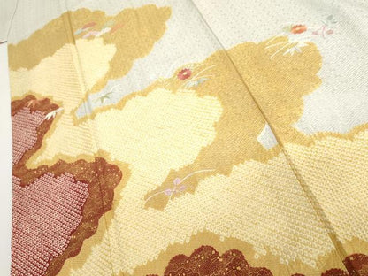 平和屋着物●訪問着　絞り　刺繍　雲取り芝花文　金彩　正絹　逸品　AABH7236cs
