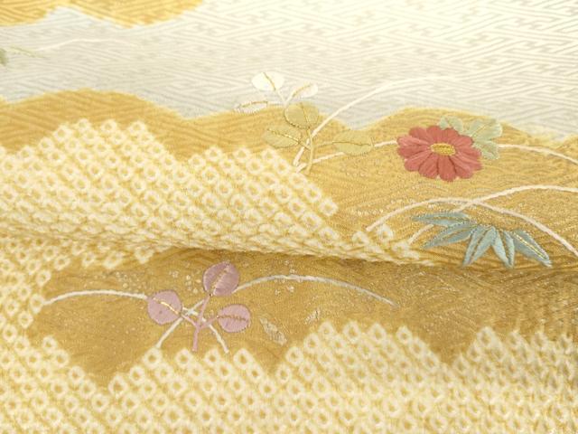 平和屋着物●訪問着　絞り　刺繍　雲取り芝花文　金彩　正絹　逸品　AABH7236cs