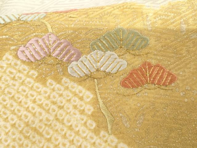 平和屋着物●訪問着　絞り　刺繍　雲取り芝花文　金彩　正絹　逸品　AABH7236cs