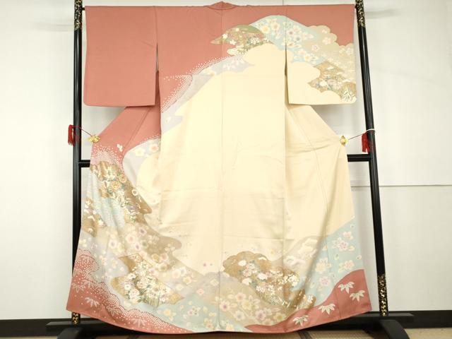 平和屋着物●訪問着　駒刺繍　松竹梅花文　金銀彩　正絹　逸品　AABH7237cs