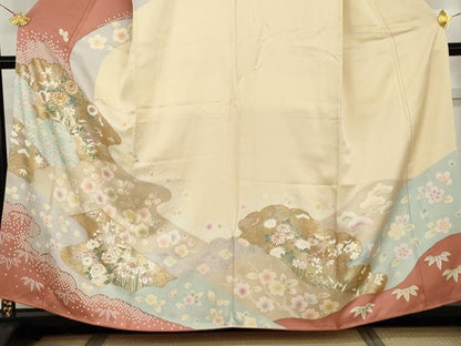 平和屋着物●訪問着　駒刺繍　松竹梅花文　金銀彩　正絹　逸品　AABH7237cs
