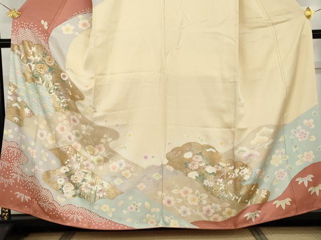 平和屋着物●訪問着　駒刺繍　松竹梅花文　金銀彩　正絹　逸品　AABH7237cs