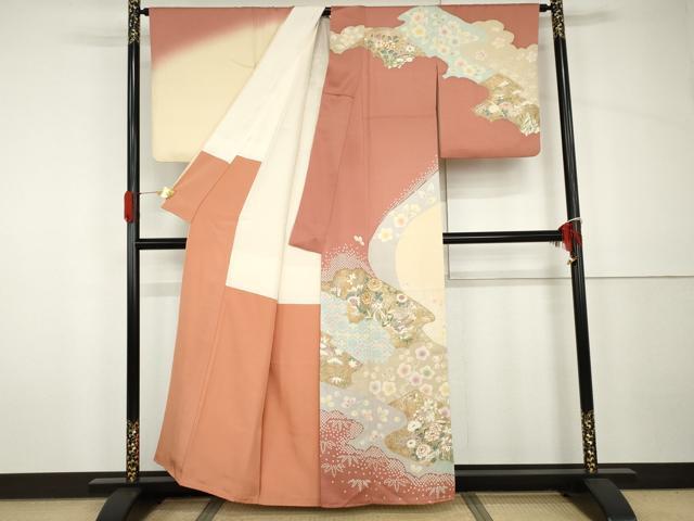 平和屋着物●訪問着　駒刺繍　松竹梅花文　金銀彩　正絹　逸品　AABH7237cs