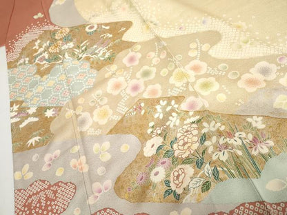 平和屋着物●訪問着　駒刺繍　松竹梅花文　金銀彩　正絹　逸品　AABH7237cs