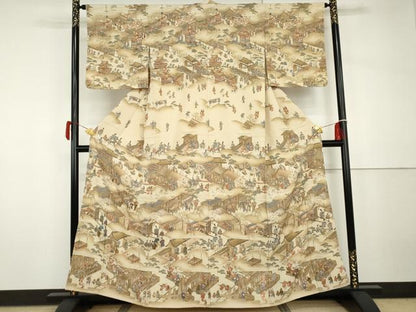 平和屋着物●摺友禅　横塚賢治　訪問着　刺繍　人物風景文　暈し染め　金彩　正絹　逸品　AABH7241cs