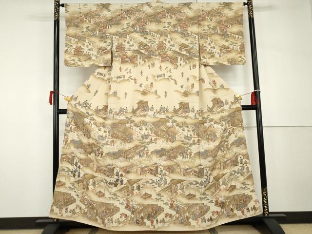 平和屋着物●摺友禅　横塚賢治　訪問着　刺繍　人物風景文　暈し染め　金彩　正絹　逸品　AABH7241cs