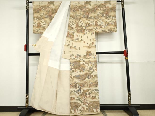 平和屋着物●摺友禅　横塚賢治　訪問着　刺繍　人物風景文　暈し染め　金彩　正絹　逸品　AABH7241cs