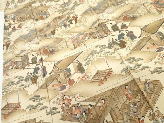 平和屋着物●摺友禅　横塚賢治　訪問着　刺繍　人物風景文　暈し染め　金彩　正絹　逸品　AABH7241cs